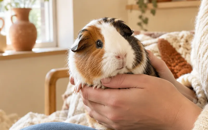 Owner holding a small pet in a cozy home