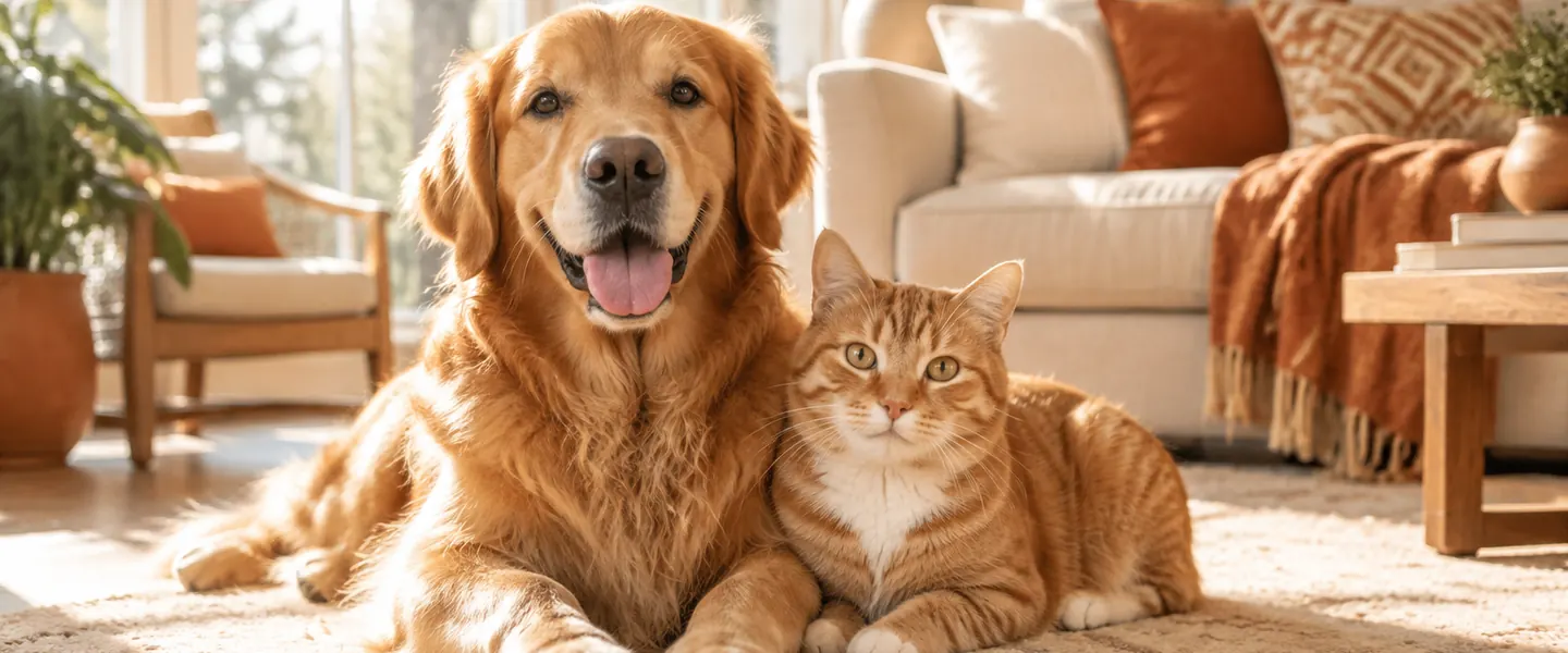 Happy dog and cat in a warm modern living room