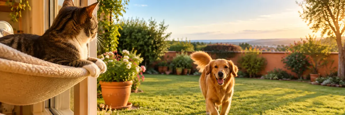 Happy dog running in a sunny yard